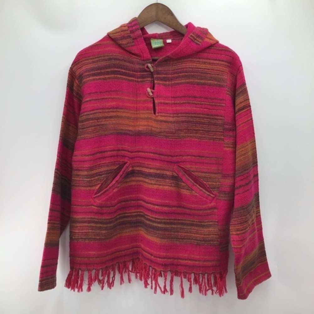 Woman’s Boho Pink and Yellow Striped Sweater Poncho